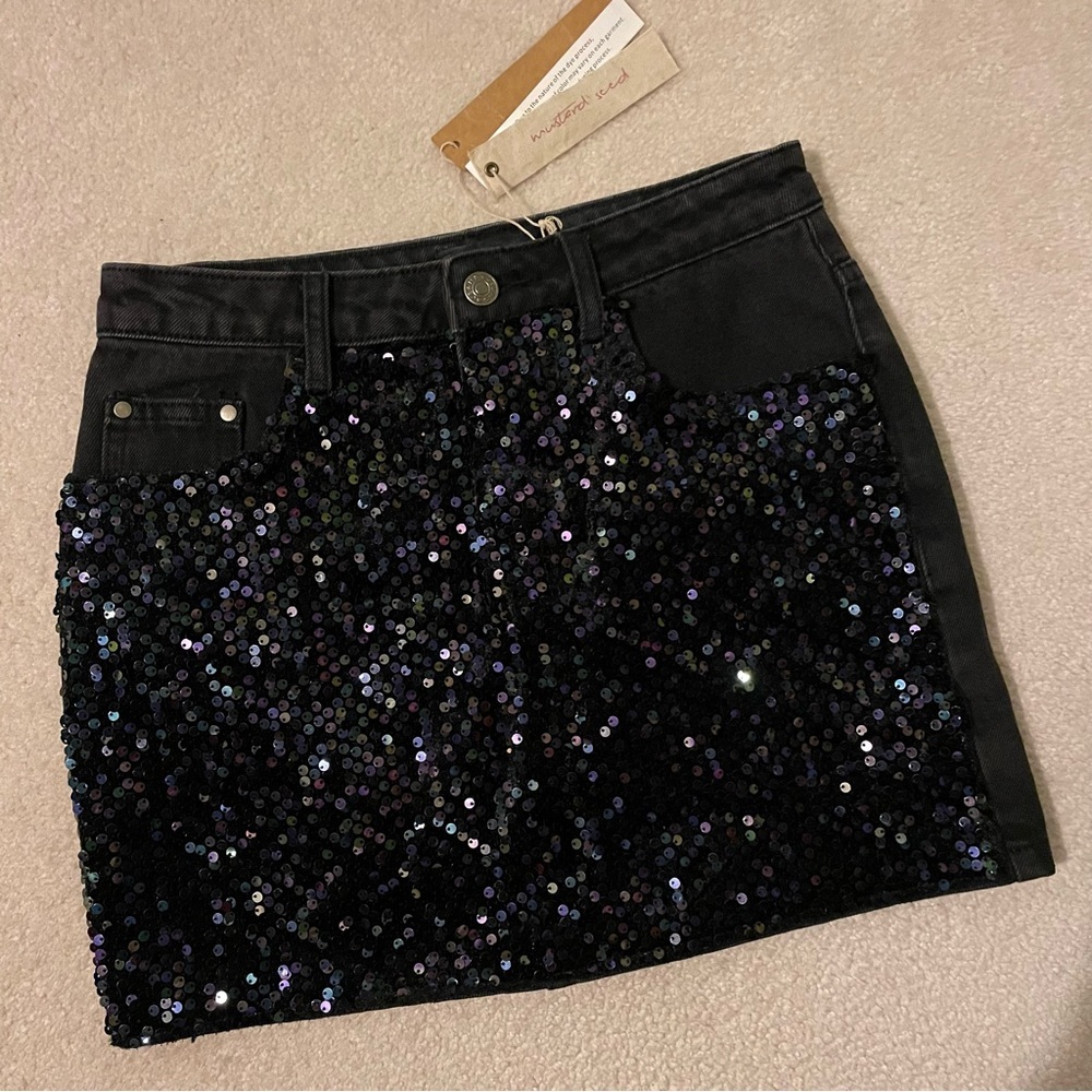 Mustard Seed black denim mini skirt with sequins-small NWT
